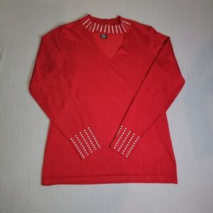 Questions Sweater Pullover Women L Red Knit Cotton Rhinestone Casual